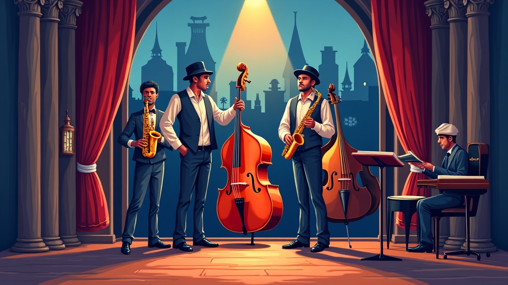 A colorful illustration of classic jazz instruments like a trumpet, upright bass, and saxophone on a stage, spotlight shining, with historic architecture in the background.