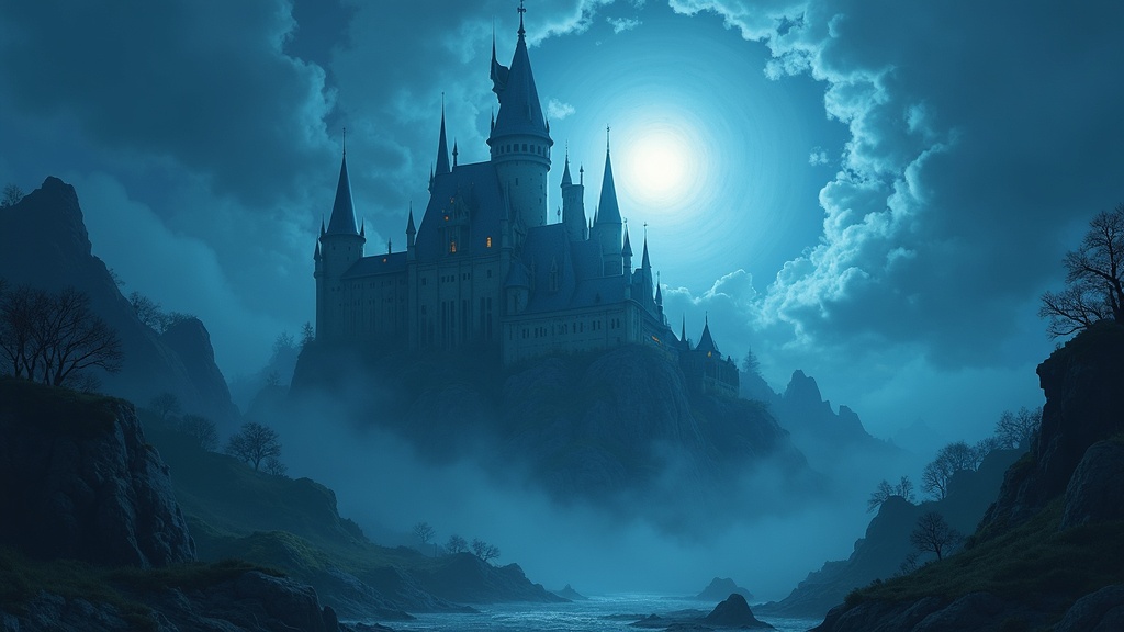 A lush, mystical symphonic metal album cover with a castle, moonlit sky, and swirling mist
