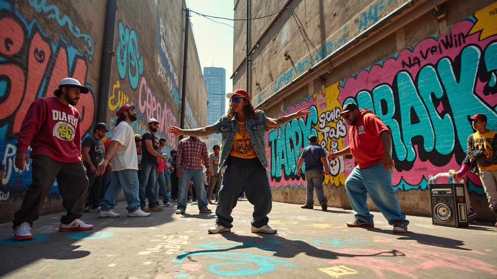 A vibrant urban scene with graffiti-covered walls, breakdancing, a boombox, and bold colors, capturing the visual energy of early hip hop culture.
