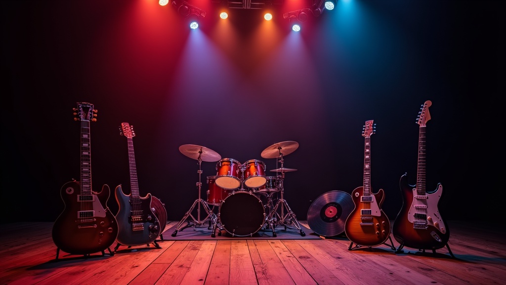 Electric guitars, drum set, and vinyl records on a wooden stage floor under colorful lights