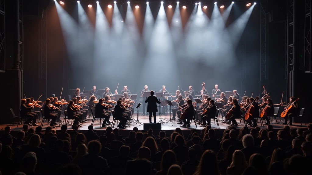 orchestral instruments and electric guitars on a dimly lit stage, dramatic lighting, majestic atmosphere