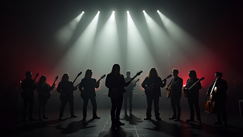 Orchestral instruments and electric guitars on stage with dramatic lights