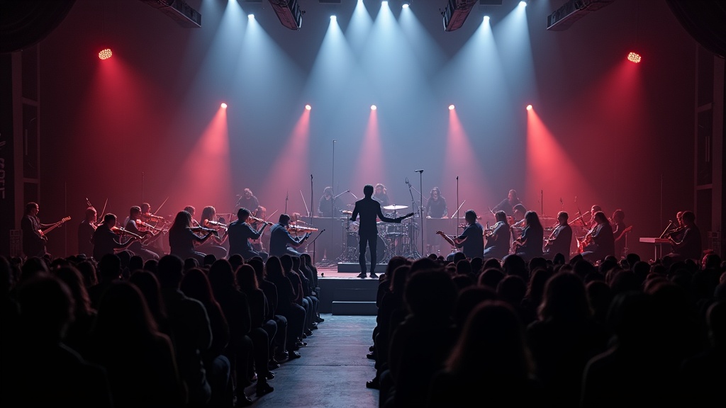 Orchestration in metal music: orchestra and metal band on stage with dramatic lighting, symphonic instruments and electric guitars blended in a concert hall.