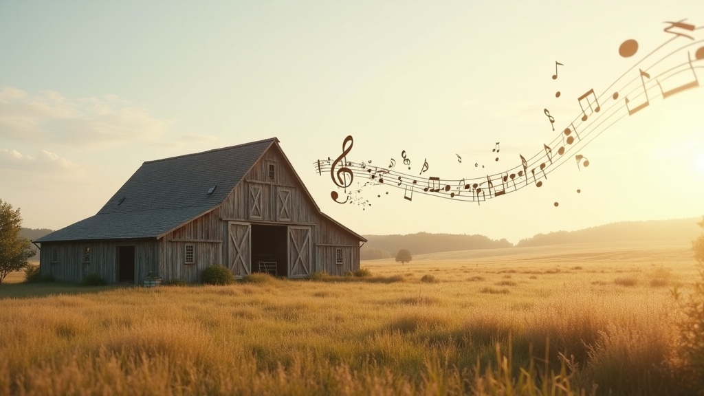 Panoramic image of a rustic barn in the rolling countryside, with musical notes drifting above open fields.
