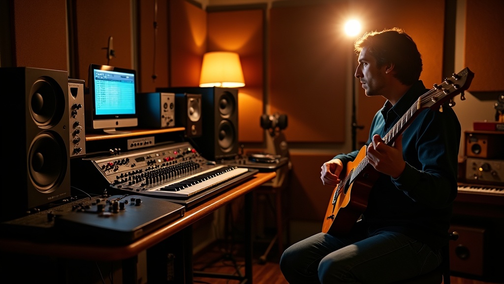 Vintage analog recording equipment and blues guitar in a cozy studio setting. Warm, moody lighting with acoustic treatment visible.