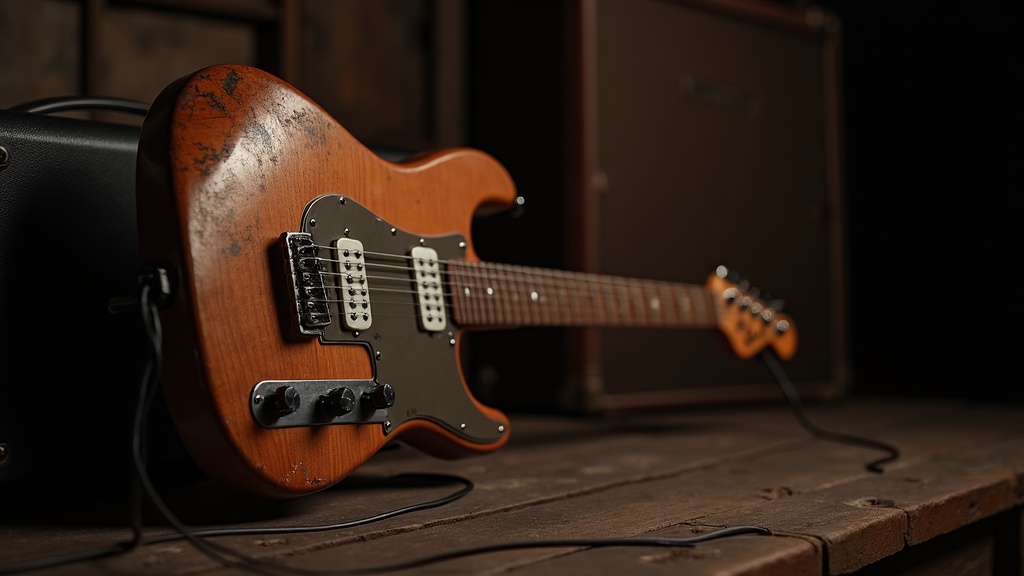 Vintage electric guitar and classic amplifier on a wooden stage with moody lighting