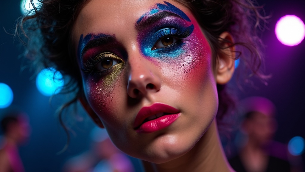 A close-up of colorful theatrical stage makeup with glitter, bold lines, and striking shapes, surrounded by musical instruments and dramatic concert lighting. NOT featuring human faces or text.