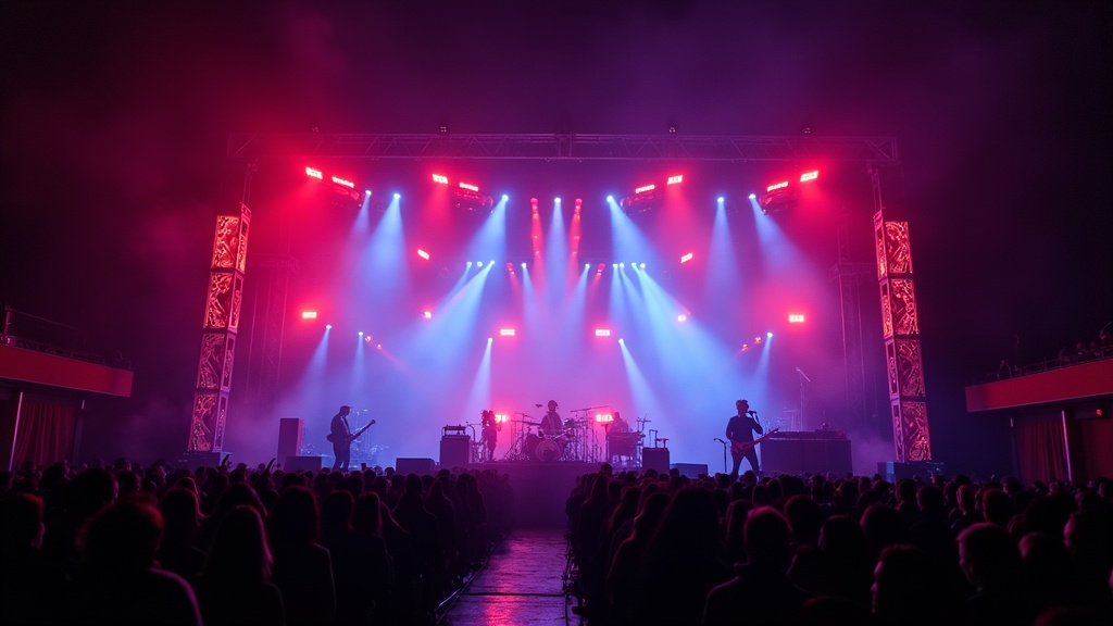 A dramatic, colorful stage setup with iconic lightning bolts, fog, and amplifiers, captioned as a nod to the glam rock era