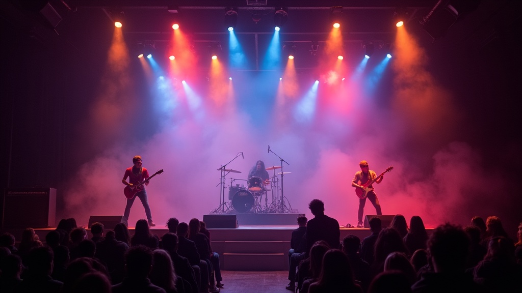 A dramatic stage with smoke, lights, and classic rock instruments featuring bold, theatrical decor, representing the theatrical stage presence of KISS.