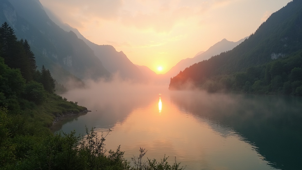 A tranquil scene of a sunset by a mountain lake, with soft mist above the water and lush greenery, reflecting the calm and ethereal mood often associated with New Age music.