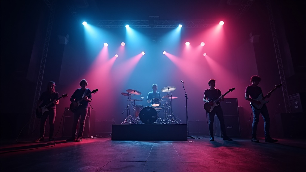 An atmospheric stage shot with electric guitars, bold lighting, and concert gear, echoing the style of classic rock shows without showing any people