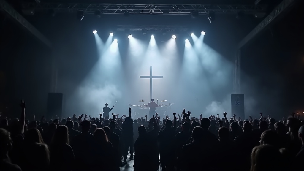 Christian metal band performing on stage, dramatic lighting, metal aesthetic, crosses and symbolism