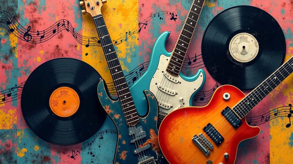 Colorful collage of vinyl records, electric guitars, and music notes blending together in an abstract style