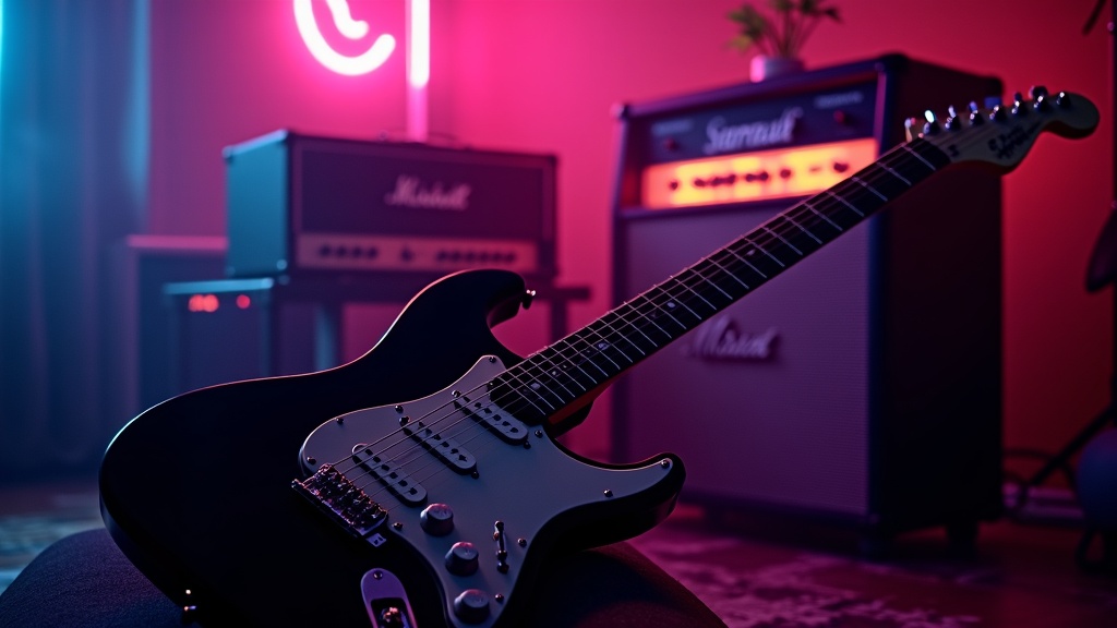 Electric guitar and amplifier with 80s neon lighting background