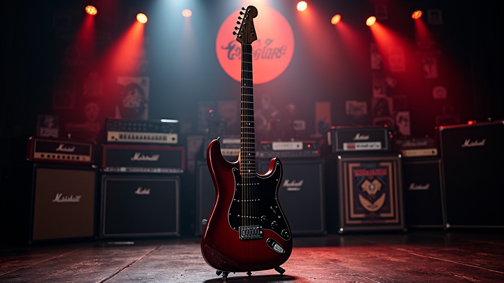 Electric guitar next to classic rock band memorabilia and stylized band logos