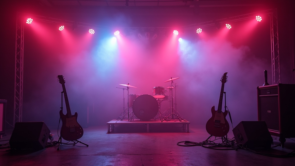 Guitar, drums, and vibrant stage lights with classic 80s rock gear