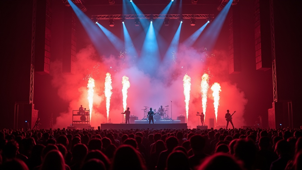 Guitar, stage lights, smoke and pyrotechnics at a rock concert