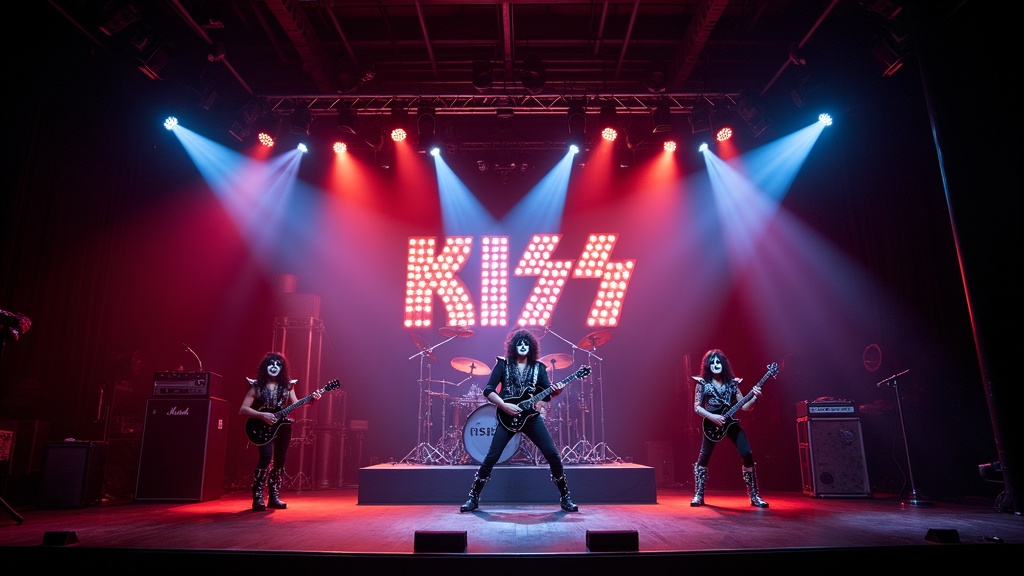 Stage setup inspired by KISS with dramatic lighting, musical instruments, and genre-blending visual elements.